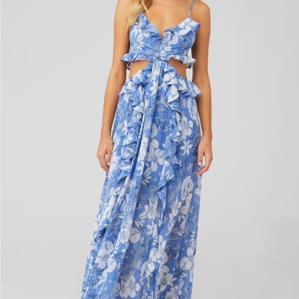 ASTR Blue Floral Ruffle Maxi Dress